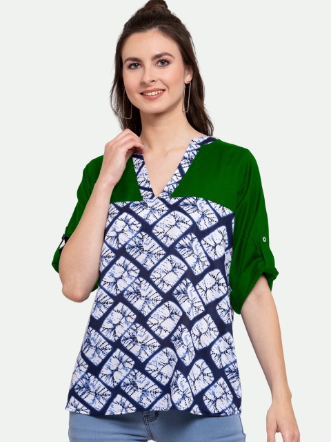 

PATRORNA Green & Navy Blue Tie and Dye Print Roll-Up Sleeves Top