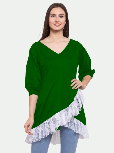 

PATRORNA Women Green & White High-Low Longline Top