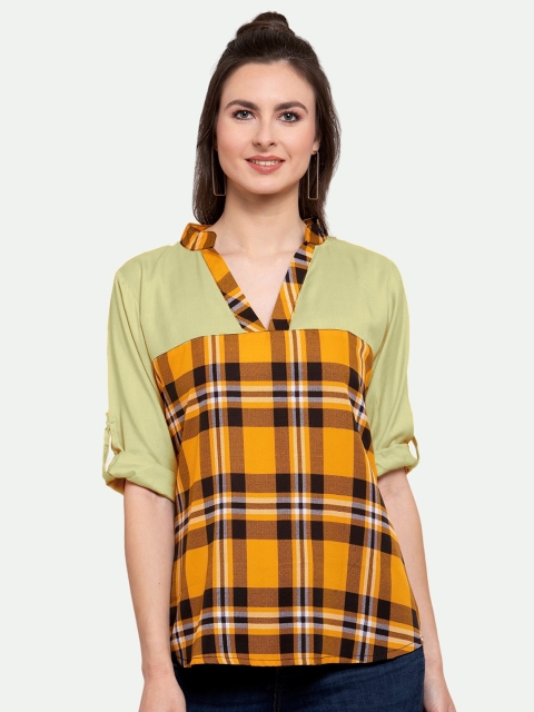 

PATRORNA Women Cream-Coloured & Mustard Yellow Checked Top