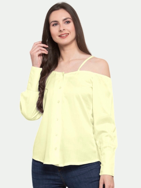 

PATRORNA Women Yellow Solid Cotton Blend Off-Shoulder Shirt Style Top