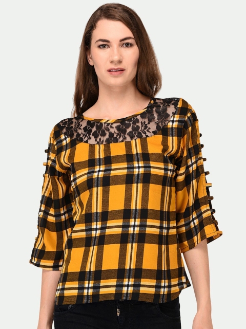 

PATRORNA Mustard Yellow Checked Cotton Blend Top