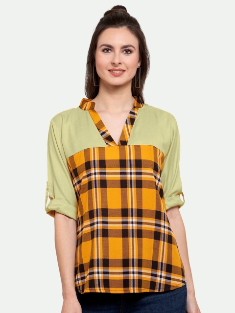 

PATRORNA Women Mustard Yellow & Cream-Coloured Checked Mandarin Collar Shirt Style Top