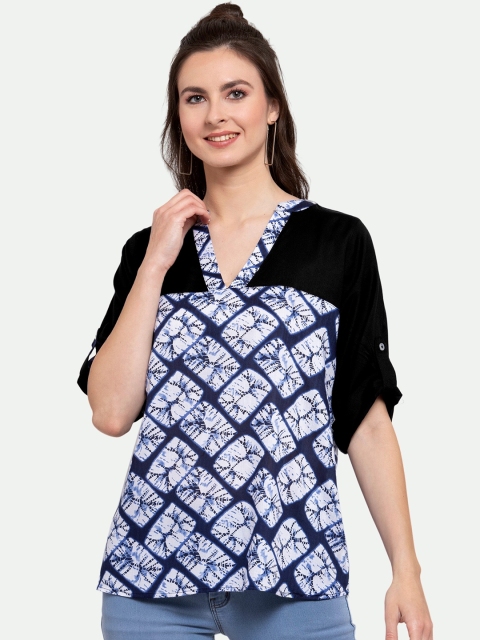 

PATRORNA Navy Blue & Black Tie and Dye Print Roll-Up Sleeves Top