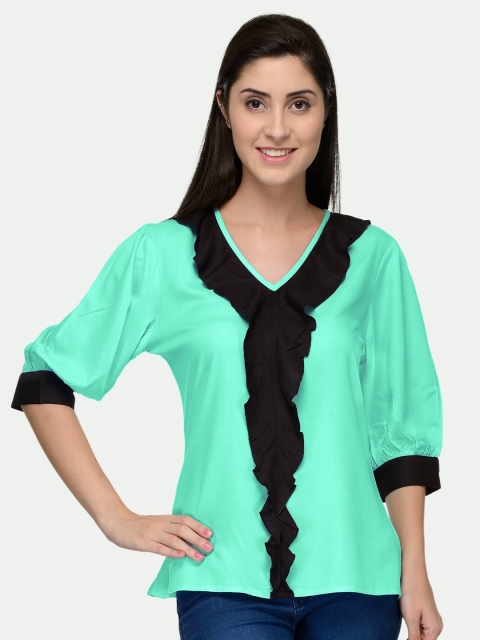

PATRORNA Sea Green Ruffles Solid Top