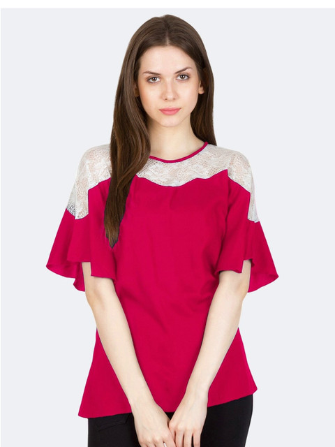 

PATRORNA Women Plus Size Pink & White Lace Inserted Kimono Sleeve Top