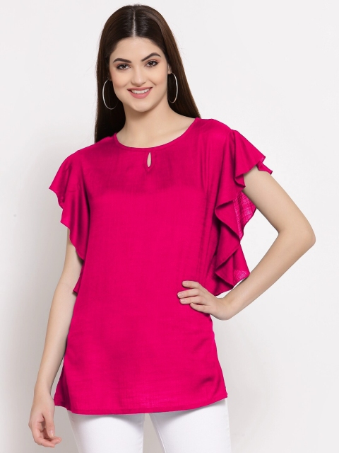 

PATRORNA Women Pink Keyhole Neck Ruffles Top