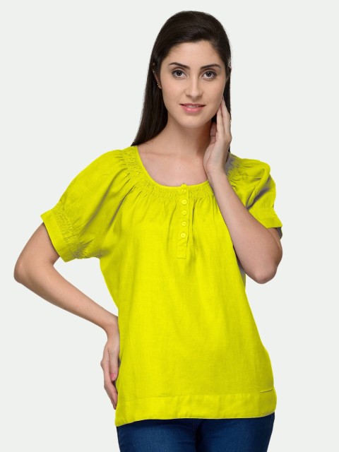 

PATRORNA Women Plus Size Yellow Smocked Puff Sleeves Top