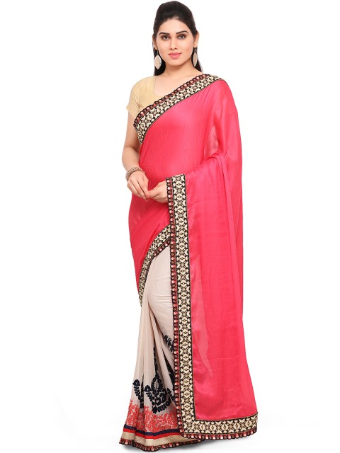 

Kvsfab Pink & Beige Pure Georgette Embroidered Saree