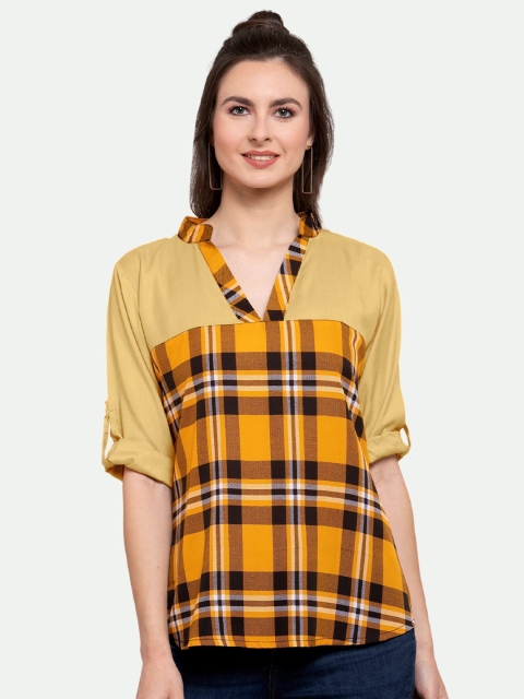 

PATRORNA Women Gold-Toned & Mustard Yellow Checked Mandarin Collar Roll-Up Sleeves Top