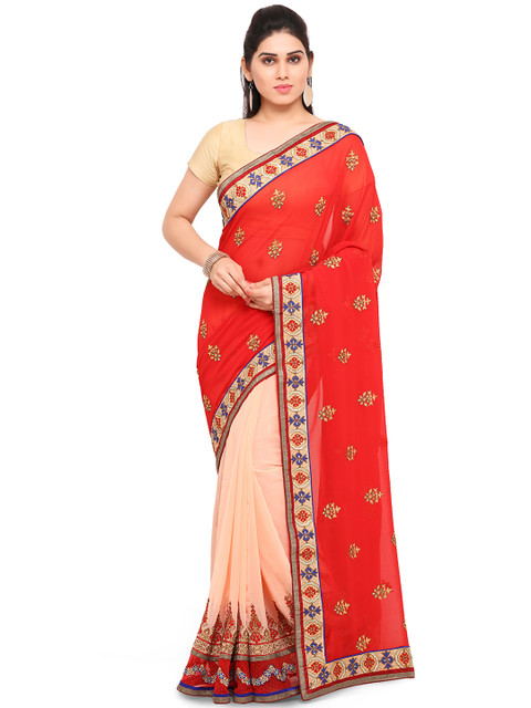 

Kvsfab Red & Peach-Coloured Pure Georgette Embroidered Saree