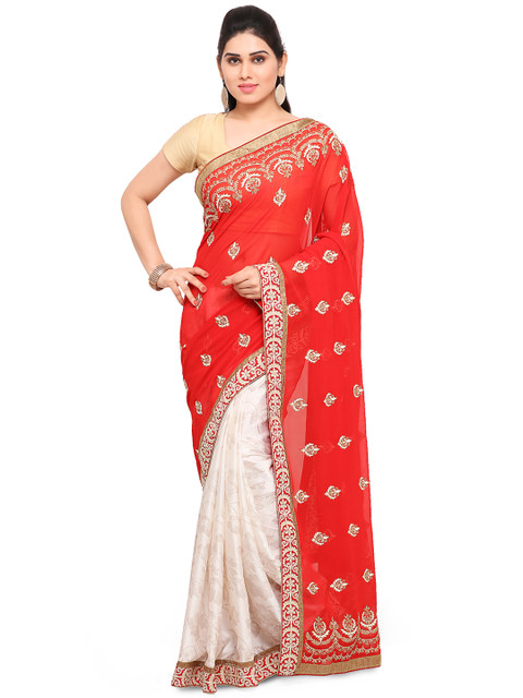 

Kvsfab Red & White Pure Georgette Embroidered Saree