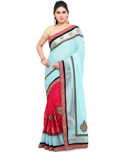 

Kvsfab Blue & Pink Pure Georgette Embroidered Saree