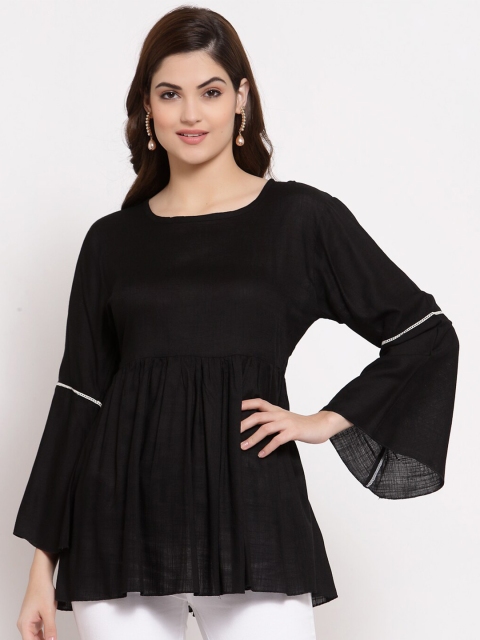 

PATRORNA Black Solid Bell Sleeves Empire Peplum Cotton Blend Top