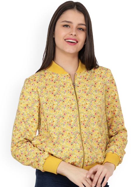 

NUEVOSDAMAS Women Yellow Pink Floral Crop Tailored Jacket