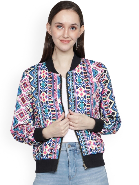 

NUEVOSDAMAS Women Black & Beige Geometric Bomber Jacket, Blue