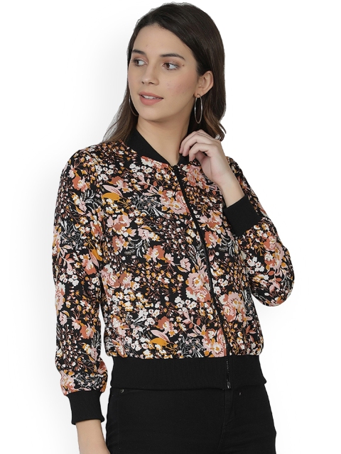 

NUEVOSDAMAS Women Black & Peach Printed Bomber Jacket