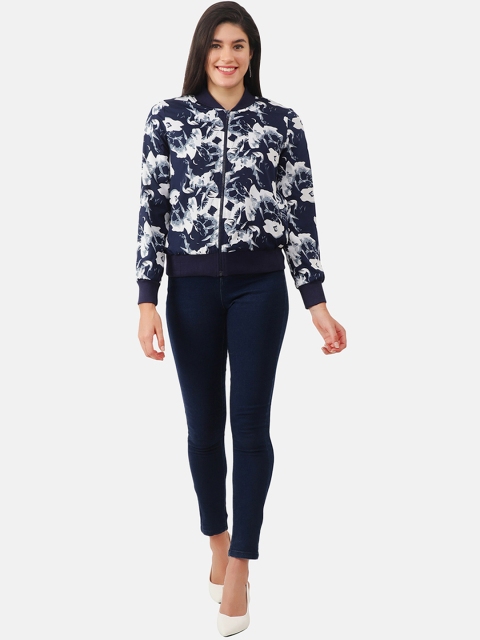 

NUEVOSDAMAS Women Navy Blue Crop Tailored Jacket with Embroidered