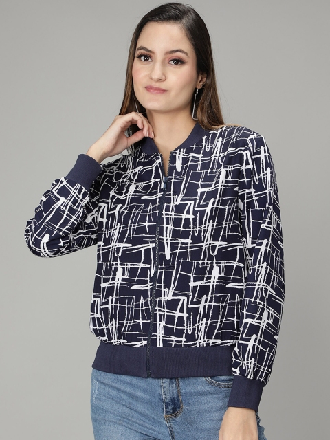 

NUEVOSDAMAS Women Blue Checked Bomber Jacket