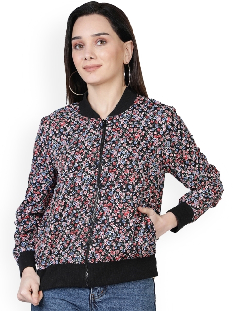 

NUEVOSDAMAS Women Black Floral Printed Bomber Jacket