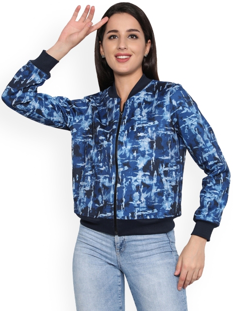 

NUEVOSDAMAS Women Blue And Black Abstract Printed Crop Bomber Jacket