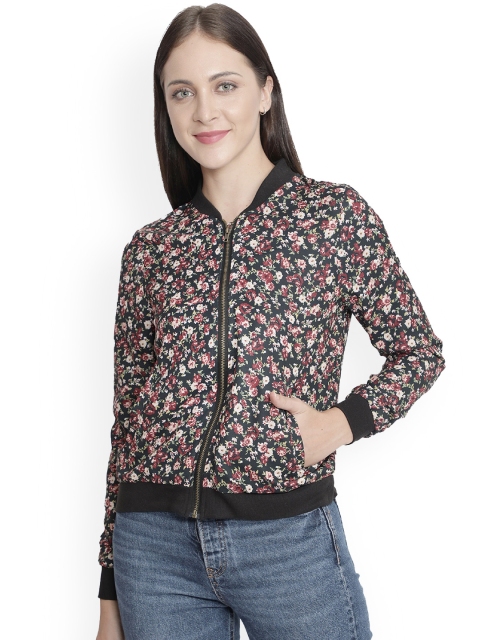 

NUEVOSDAMAS Women Black Peach-Coloured Floral Bomber Jacket