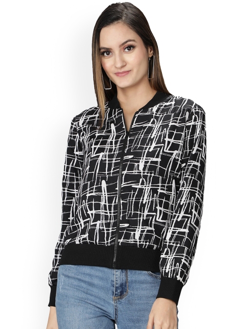 

NUEVOSDAMAS Women Black White Printed Bomber Jacket