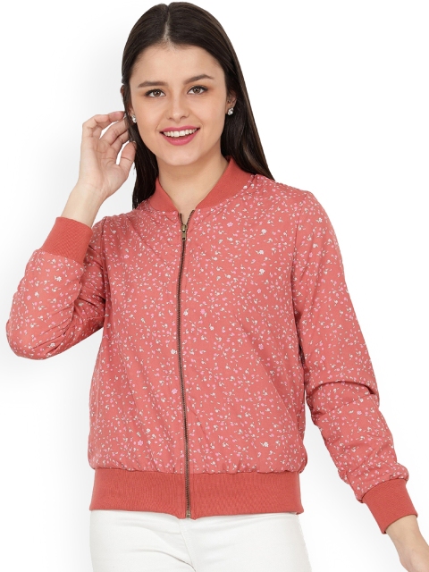 

NUEVOSDAMAS Women Red Floral Print Crop Bomber Jacket