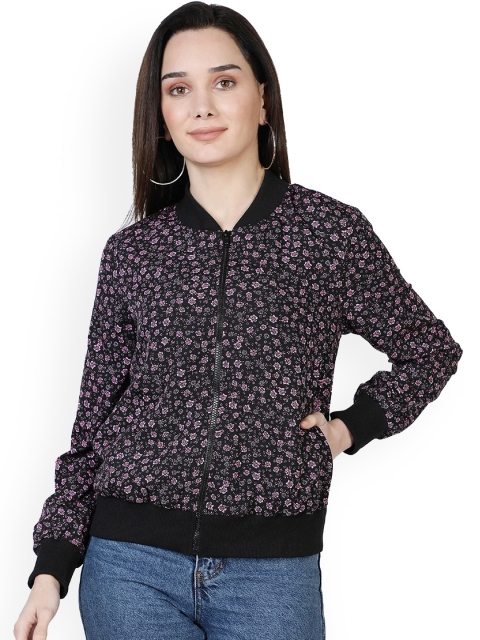 

NUEVOSDAMAS Women Black Floral Printed Bomber Jacket