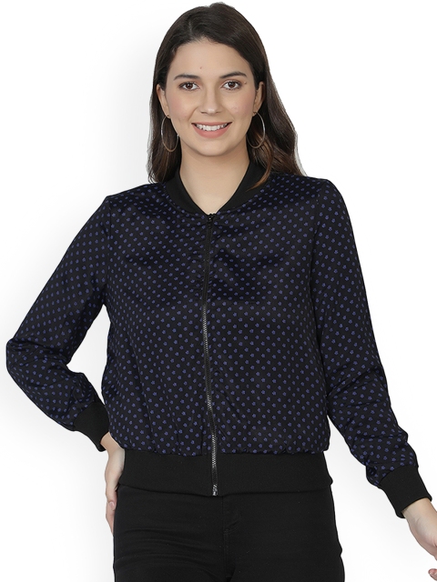 

NUEVOSDAMAS Women Blue Black Floral Bomber Jacket