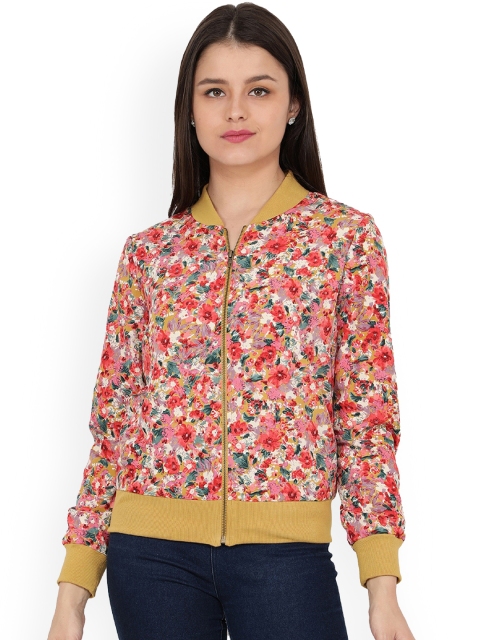 

NUEVOSDAMAS Women Pink & Brown Floral Printed Long Sleeves Bomber Jacket