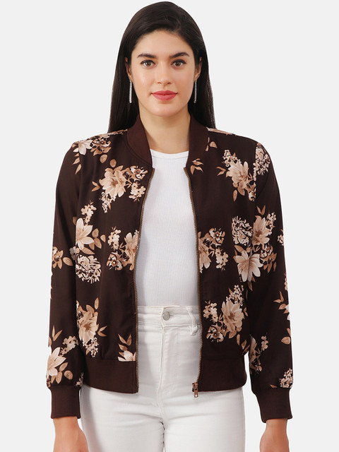 

NUEVOSDAMAS Women Brown White Floral Open Front Jacket