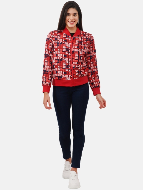 

NUEVOSDAMAS Women Red White Geometric Crop Bomber Jacket