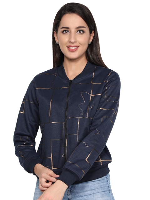 

NUEVOSDAMAS Women Blue Gold-Toned Printed Bomber Jacket