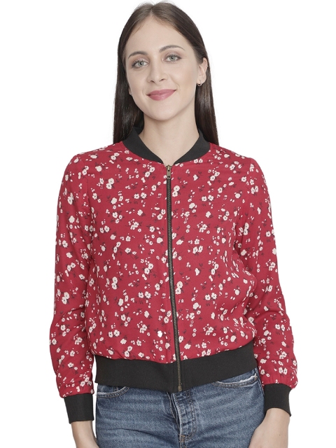 

NUEVOSDAMAS Women Red Beige Floral Crop Bomber Jacket