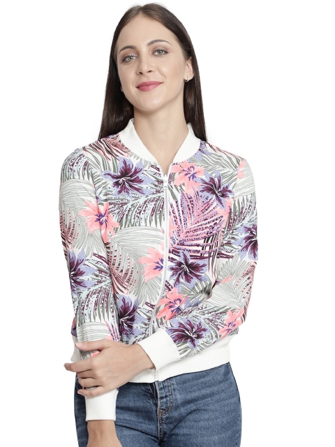 

NUEVOSDAMAS Women Pink Blue Floral Bomber Jacket