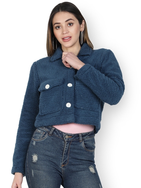 

NUEVOSDAMAS Women Blue Crop Open Front Jacket