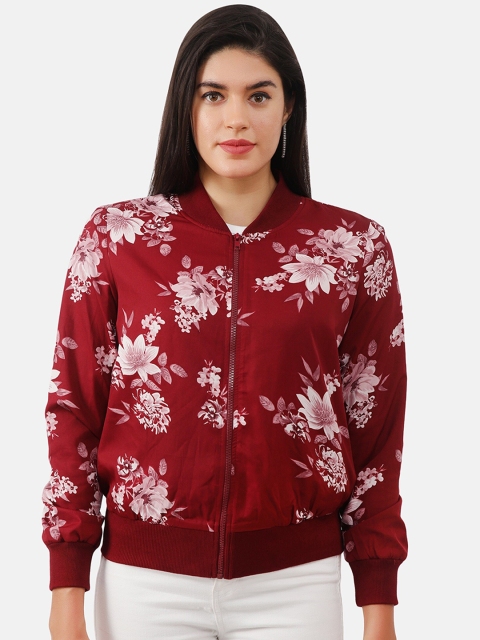 

NUEVOSDAMAS Women Maroon Floral Crop Bomber Jacket