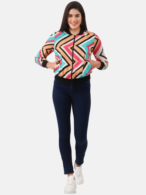 

NUEVOSDAMAS Women Multicoloured Geometric Crop Bomber Jacket, Multi