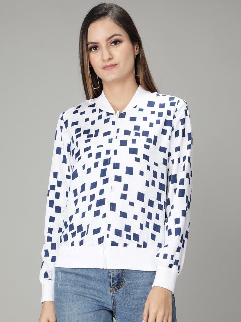 

NUEVOSDAMAS Women White Blue Geometric Tailored Jacket