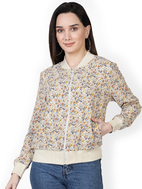 

NUEVOSDAMAS Women Beige Floral Bomber Jacket