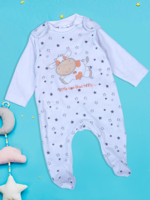 

Baby Moo Unisex infants White Printed Pure Cotton Sleepsuit & T-Shirt