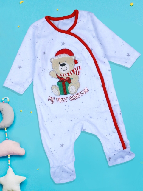 

Baby Moo Kids White Santa's Favourite Infant Full Sleeves Snap Button Sleepsuit