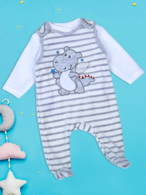 

Baby Moo unisex Infants White & Grey Striped Cotton Sleepsuit with Tshirt