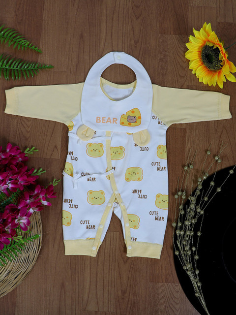 

Baby Moo Kids Yellow & White Printed Pure Cotton Rompers & Matching Bib