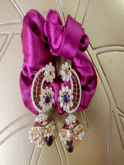 

Runjhun Women Maroon And Gold Toned Gold Plated Ruby Contemporary Jhumkas Earrings
