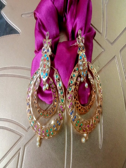 

Runjhun Gold-Plated & Blue Contemporary Chandbalis Earrings