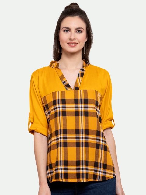 

PATRORNA Mustard Yellow Checked Mandarin Collar Roll-Up Sleeves Top