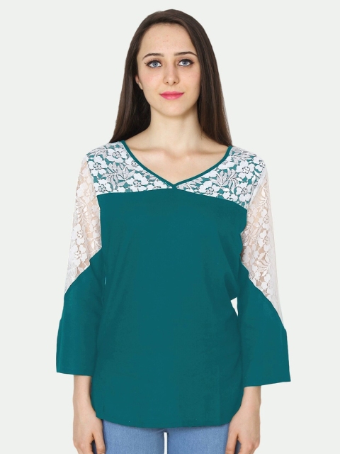 

PATRORNA Women Green and White Solid Lace Inserted Top