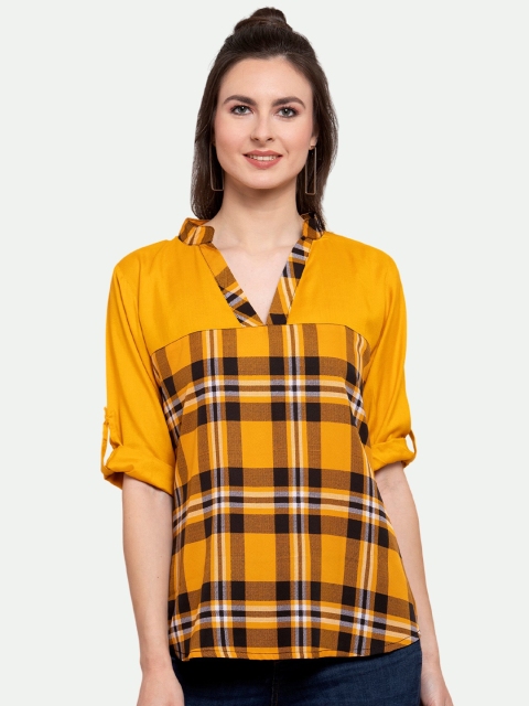 

PATRORNA Mustard Yellow Checked Roll-Up Sleeves Top