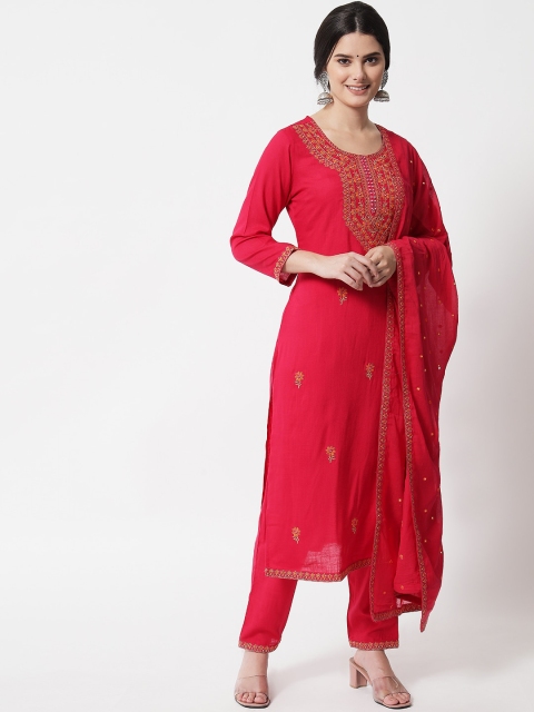

IkDaiya Women Pink Floral Embroidered Thread Work Kurta with Trouser & With Dupatta